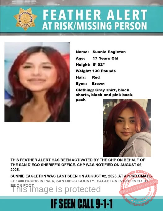 Feather Alert Issued for Missing 17-Year-Old Sunnie Eagleton in San Diego County, California