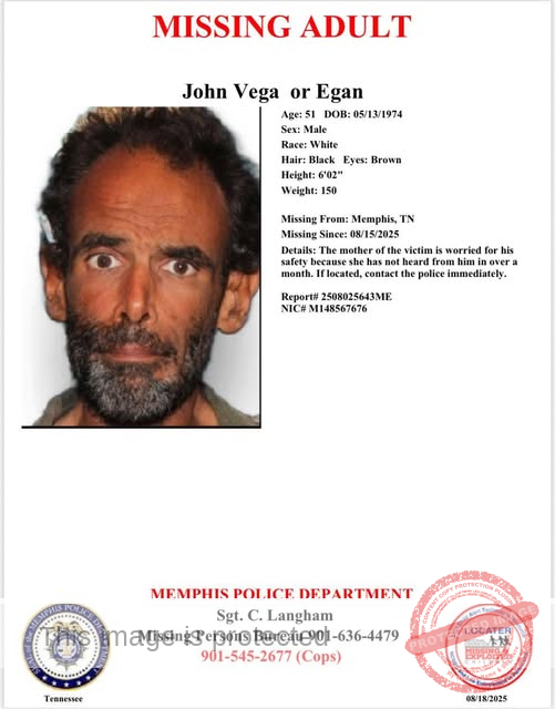 Missing Person Alert: John Vega (or Egan) Last Seen in Memphis, TN