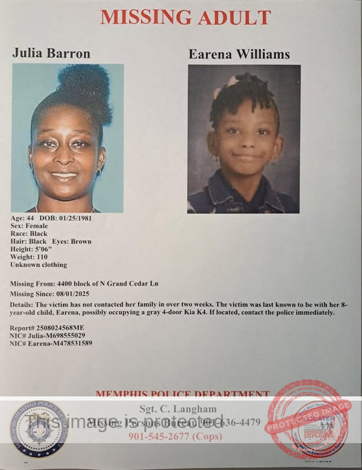 Mother and 8-Year-Old Daughter Missing in Memphis, TN: Julia Barron and Earena Williams