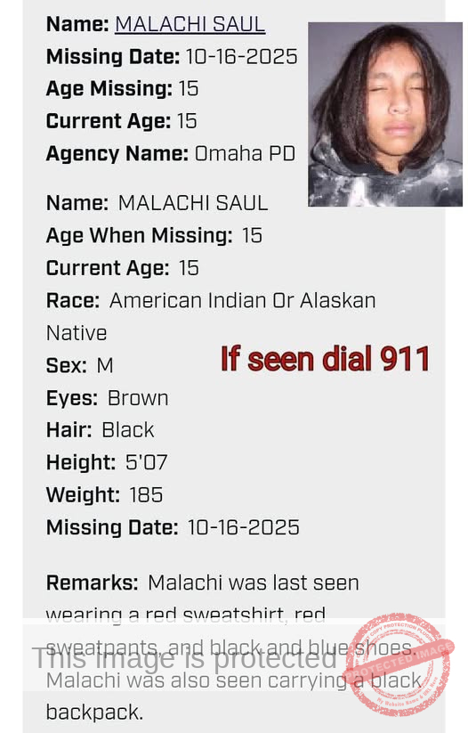 Malachi Saul, 15, Missing in Omaha, NE – Authorities Seek Help Locating Indigenous Teen